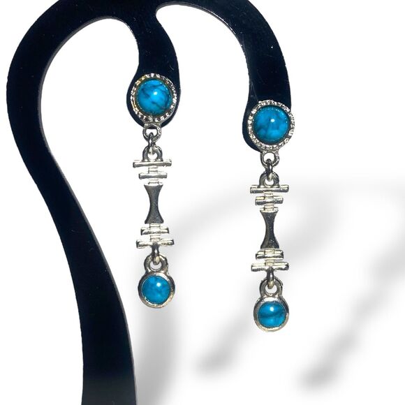 Vintage Silver Tone Turquoise Dangle Earrings Boho Tribal Statement Jewelry - Picture 1 of 7